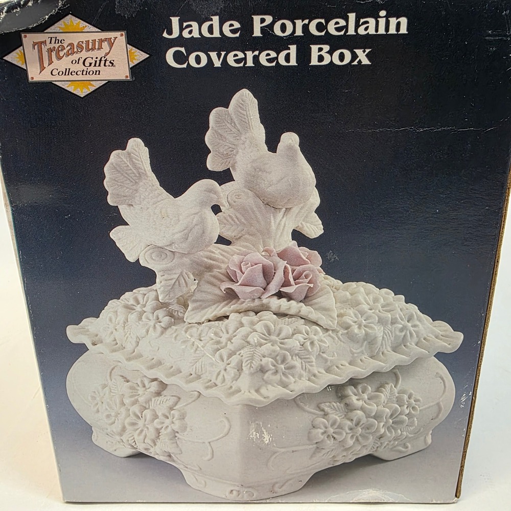 Artmark‎ Jade Porcelain Trinket Box with Lid White Dove Pink Rose Floral 1998 - Picture 7 of 10